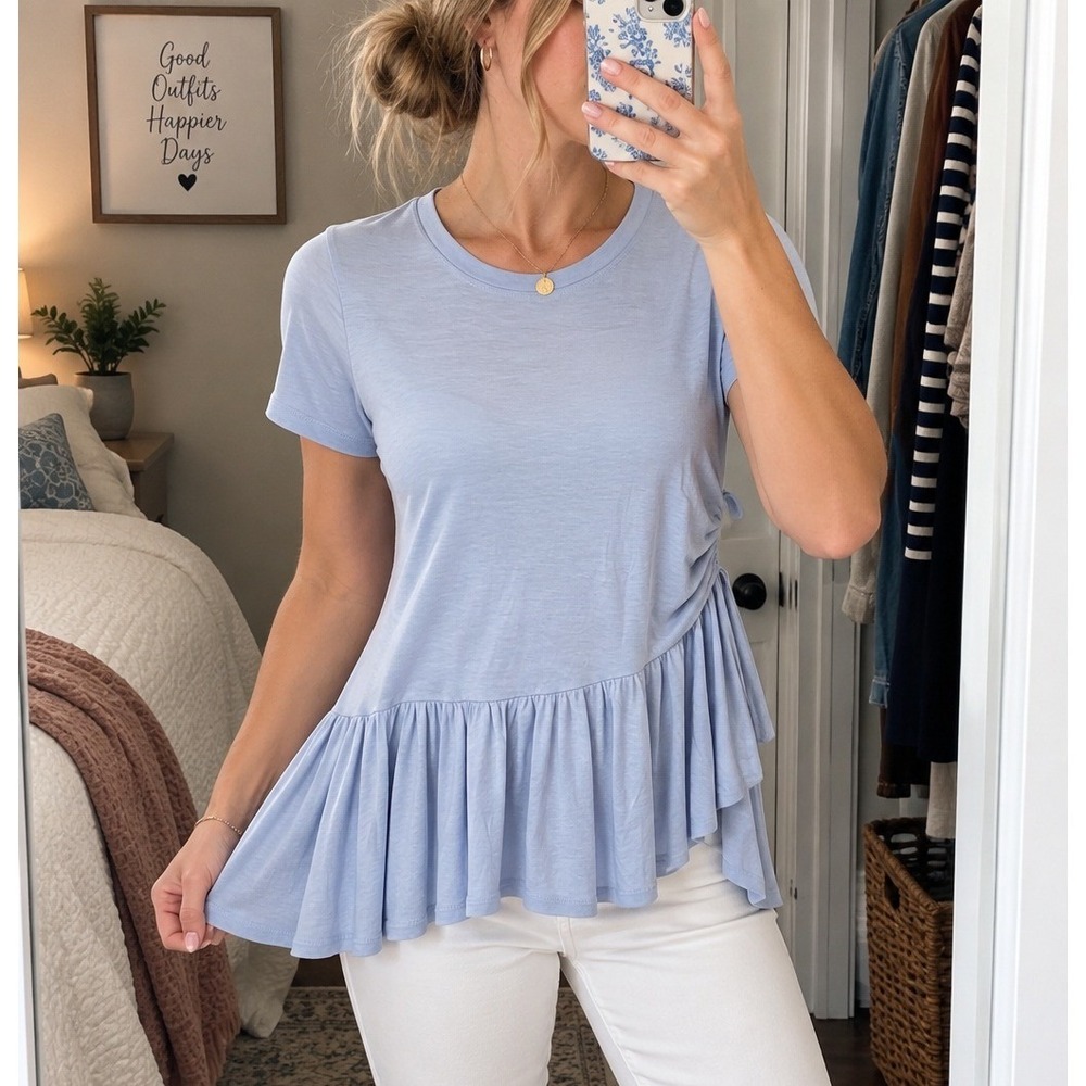 J Crew‎ Ruffle Hem Top Small Light Blue Asymmetrical Peplum NWT